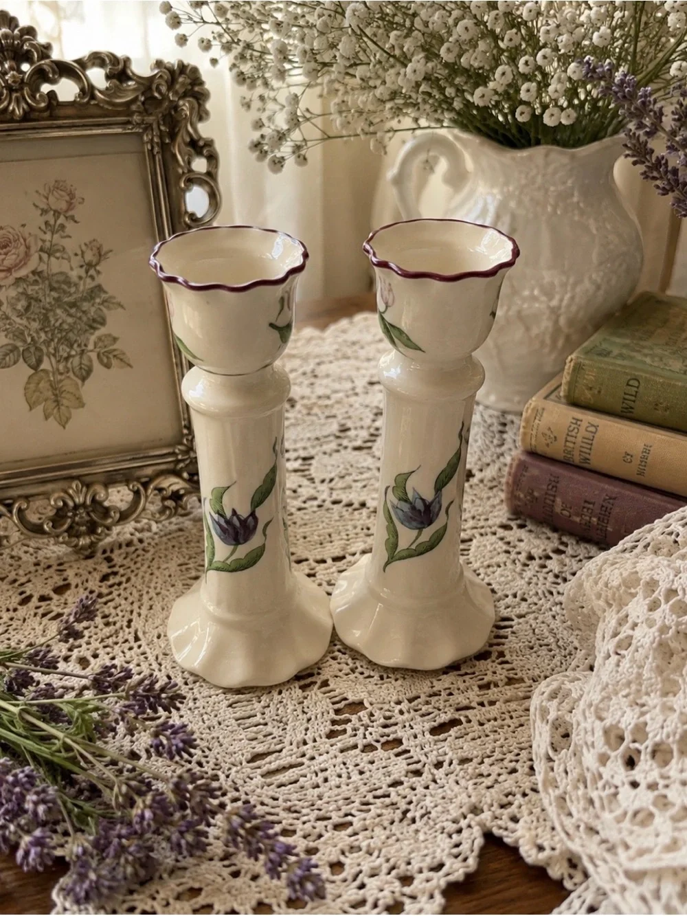 Vintage MANN Japan 1982 Floral Candlestick Holders Pair Cottagecore Porcelain